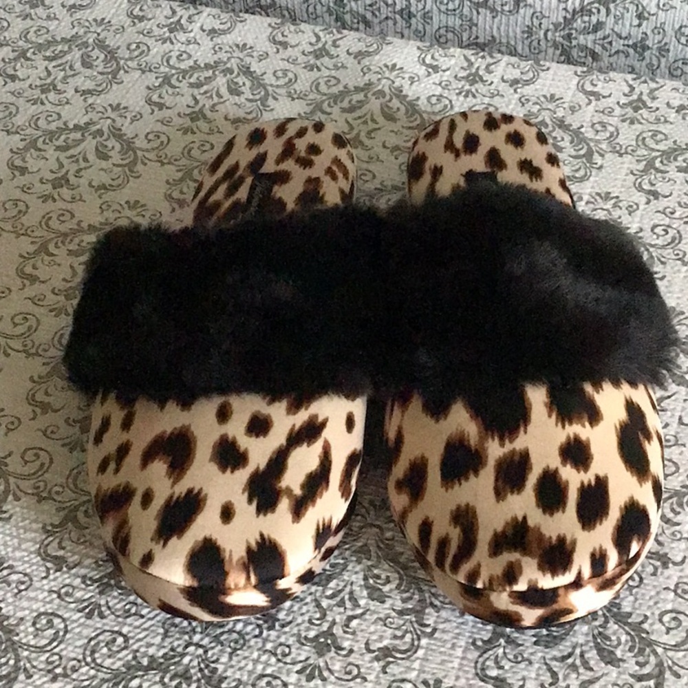 Victoria's Secret Leopard Print Slippers with Black Fur